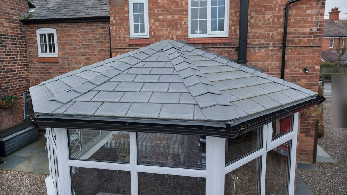 Close-up of a hipped tiled roof in Pewter Grey